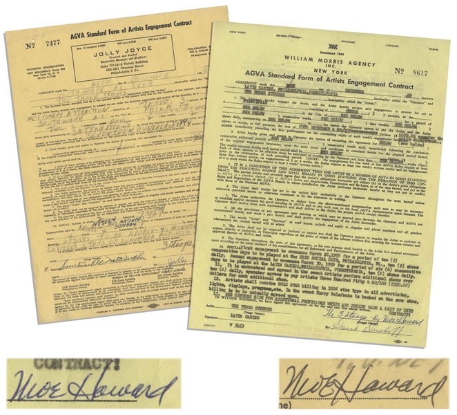 Two December 1958 Contracts Signed by Moe Howard, Who Signs Each ''3 Stooges by Moe Howard'' -- AGVA Contracts for Three Stooges Performances -- Each Measures 8.5'' x 11'', Very Good